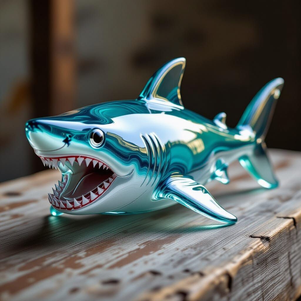 Translucent Glass Shark Sculpture on Wood