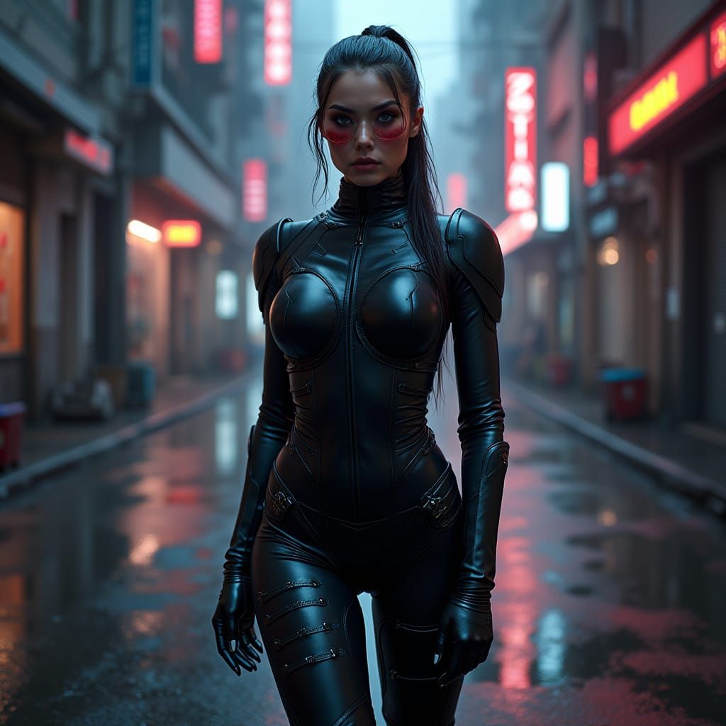 Cyberpunk Woman in Leather Armor Leotard