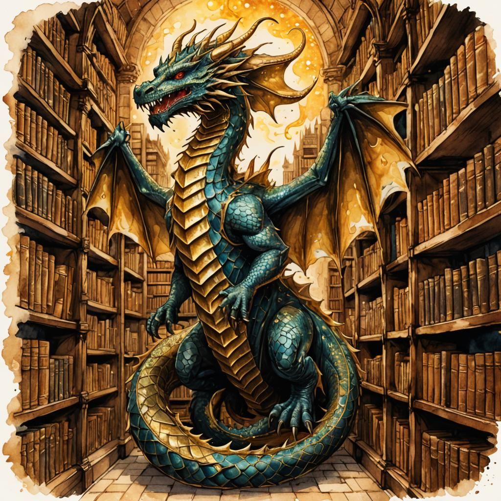 Dragon Guardian of the Magical Library in Romantic Style