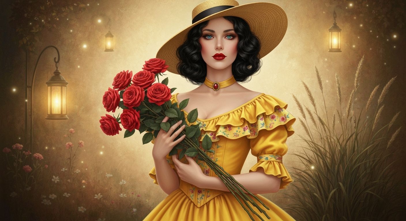 Woman in Yellow Dress with Roses, Oil Painting