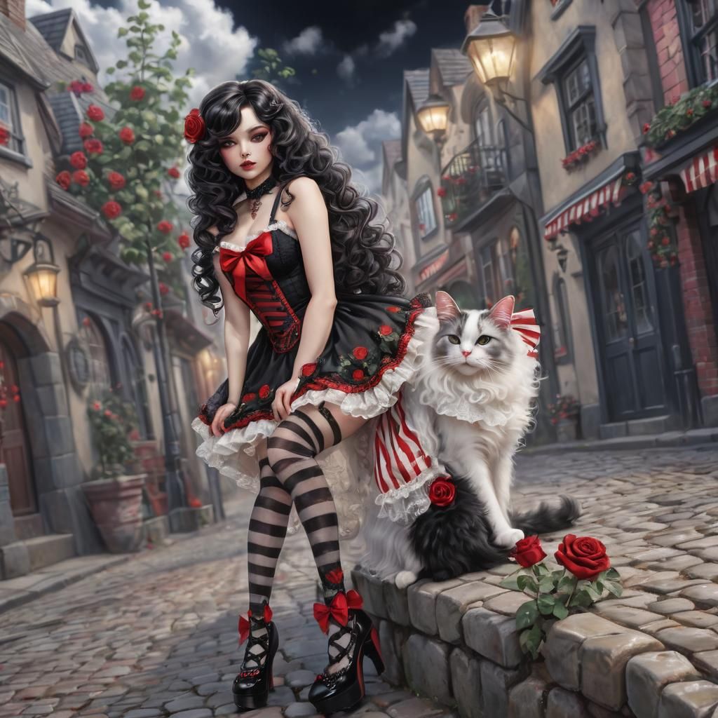 a sensual gothabilly lady with long black curly hair, delicate features, red rose in her hair, short black lace dress wi...