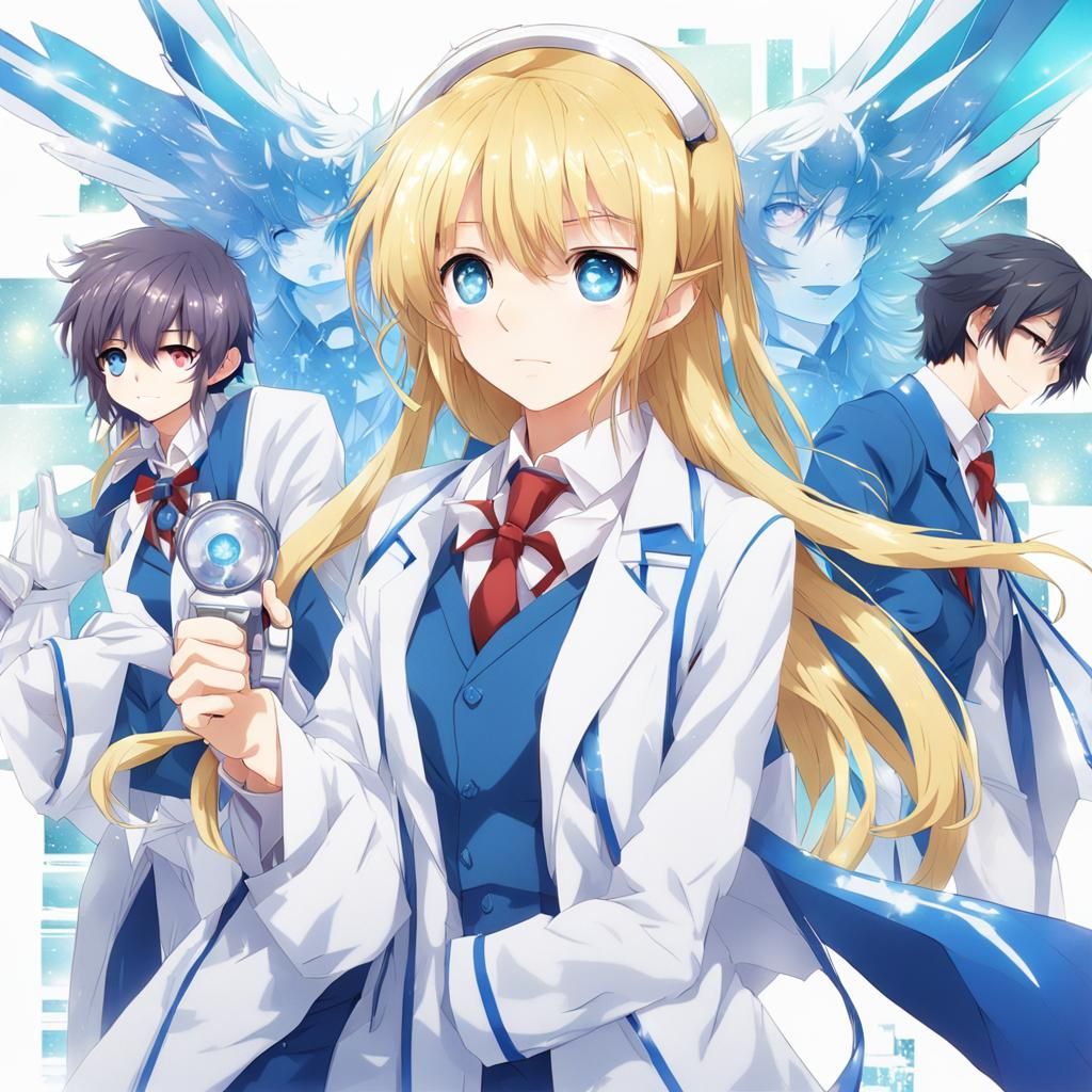 Anime-Style Angelic Scientist in White, Blue, and Yellow
