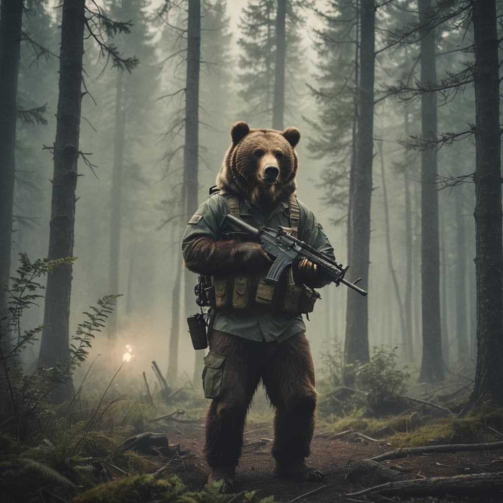 Bear in Army Gear Stands Tall in Misty Forest, Cinematic Fil...