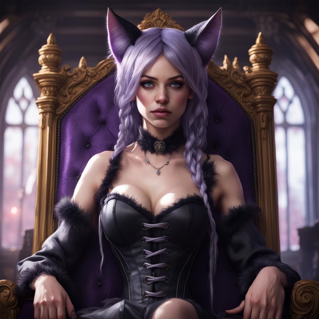 Gothic Girl with Cat Ears on Throne Portrait