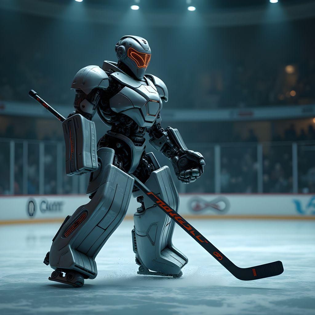 Hyperrealistic Robot Hockey Goalie with Stick