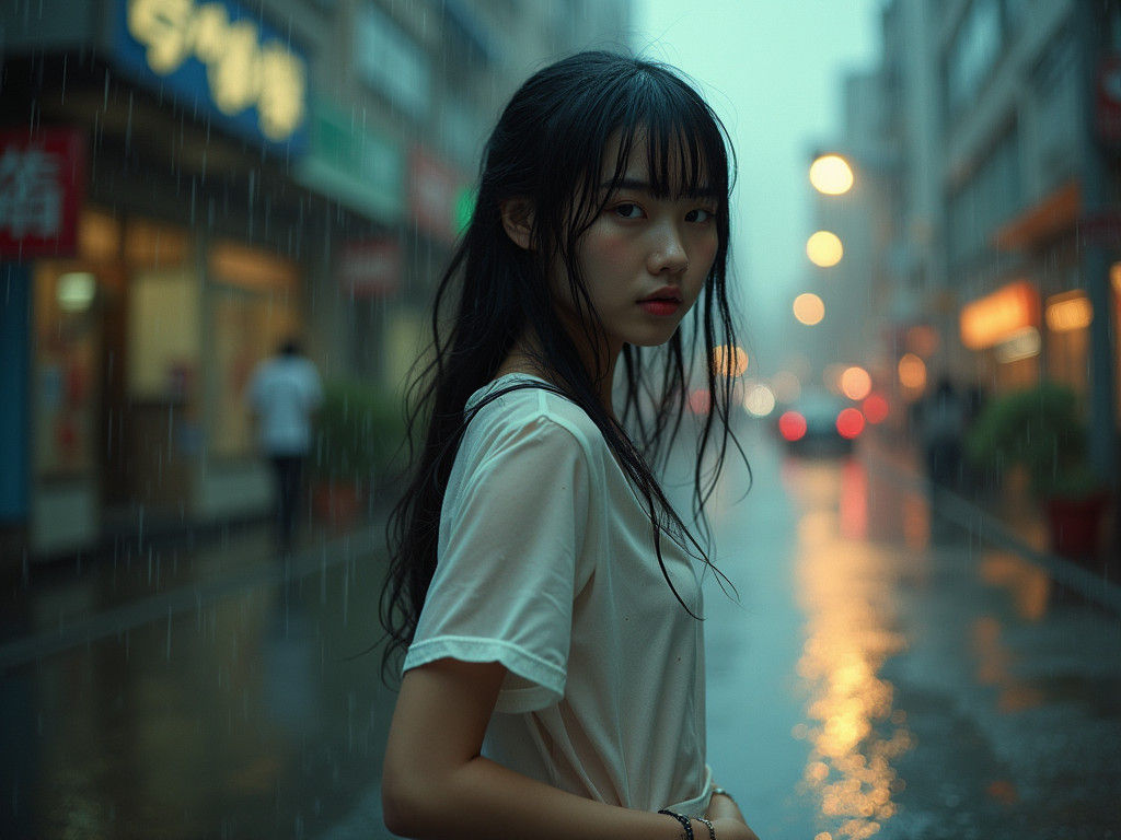 Rainy Street Scene of Girl in Wet Shirt