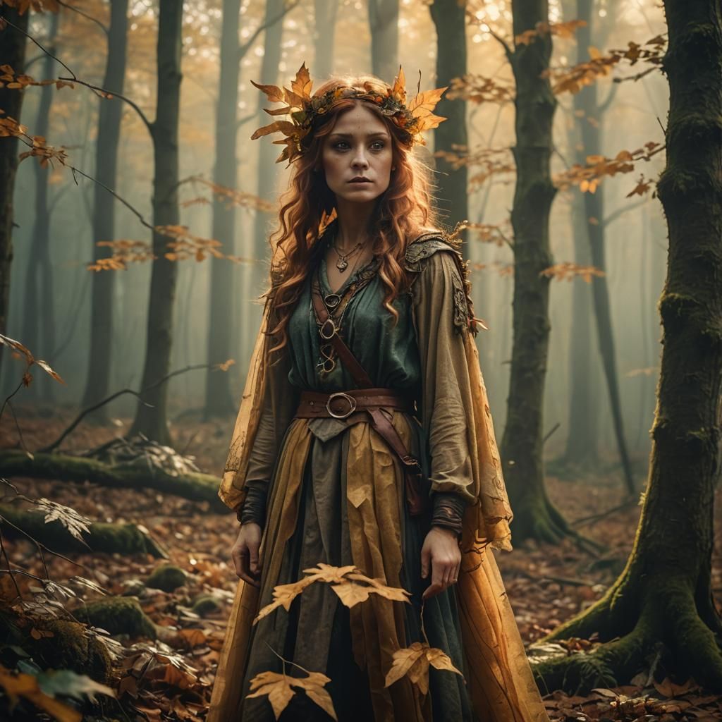 Ethereal Autumn Fairy in Misty Golden Forest