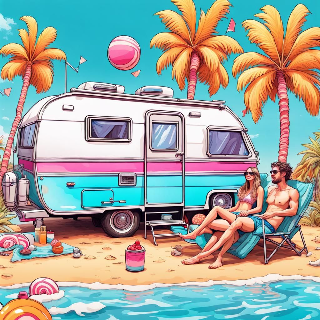 RV Campers on Tropical Beach in Candy Art Style