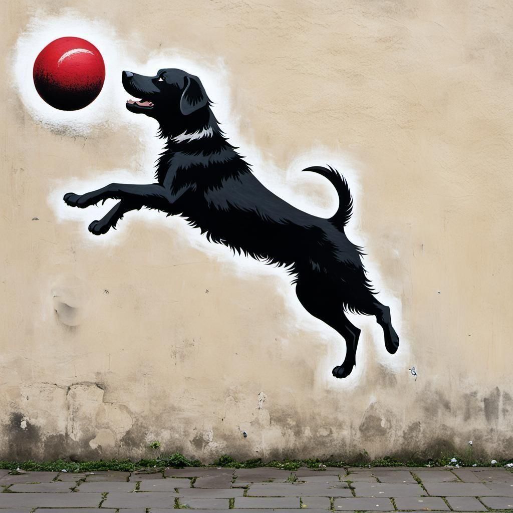Banksy-Style Dog Leaps for Ball