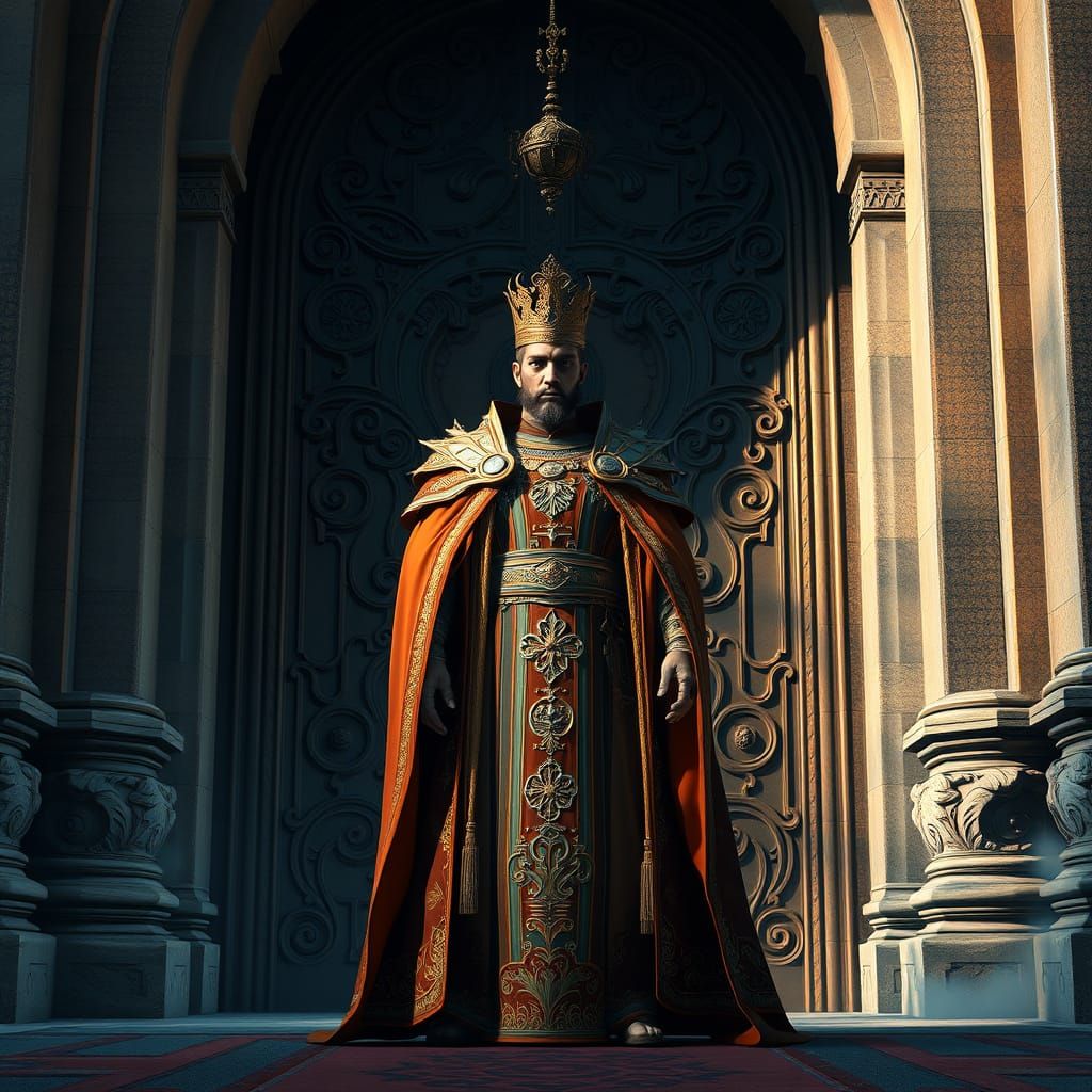 Ornate Regal Figure at Ancient Doorway in Digital Art