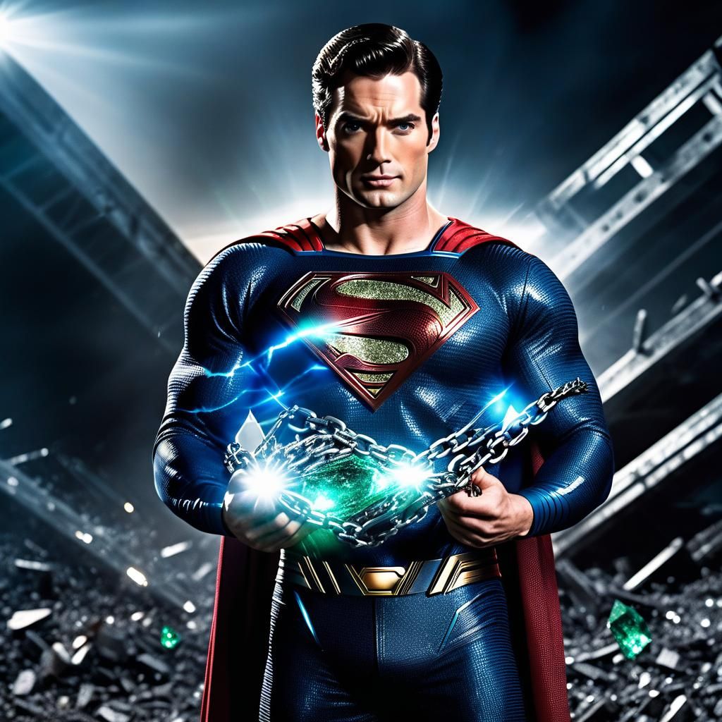 David Corenswet as Superman wrapped in green kryptonite chai...