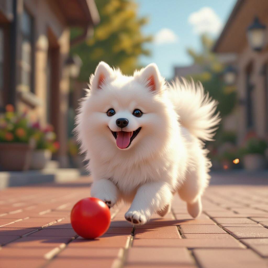 Fluffy Japanese Spitz Plays Ball in Atomic Age Style