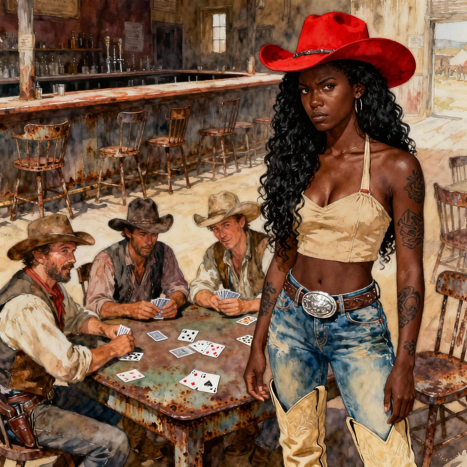 Black Female Cowboy Plays Cards in Old West Saloon