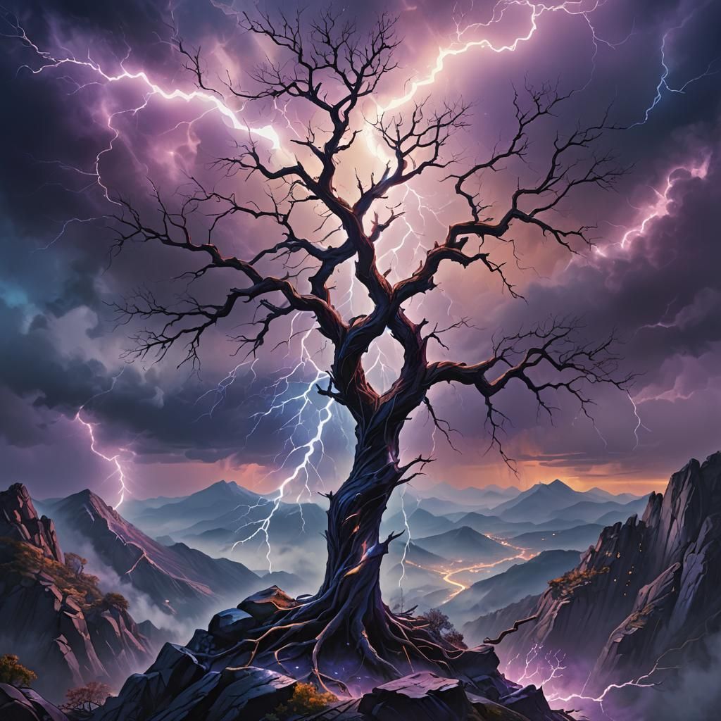 Mystical Lightning Tree on Misty Mountain Peak