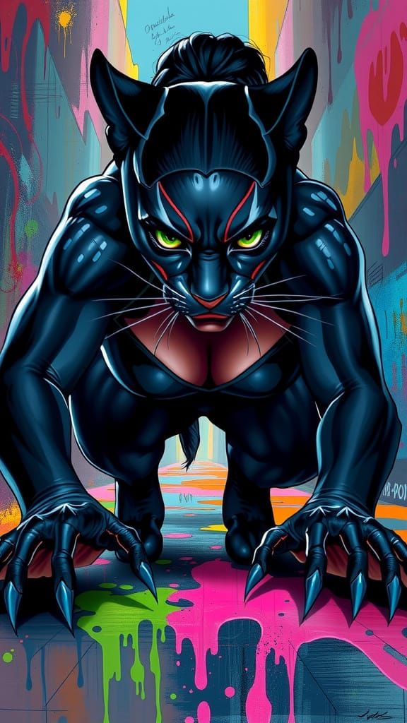 Cyberpunk Panther Heroine Crawls Forward in Vibrant Graffiti...
