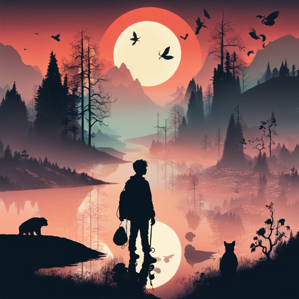 Surreal Fairy Tale Landscape with Silhouettes