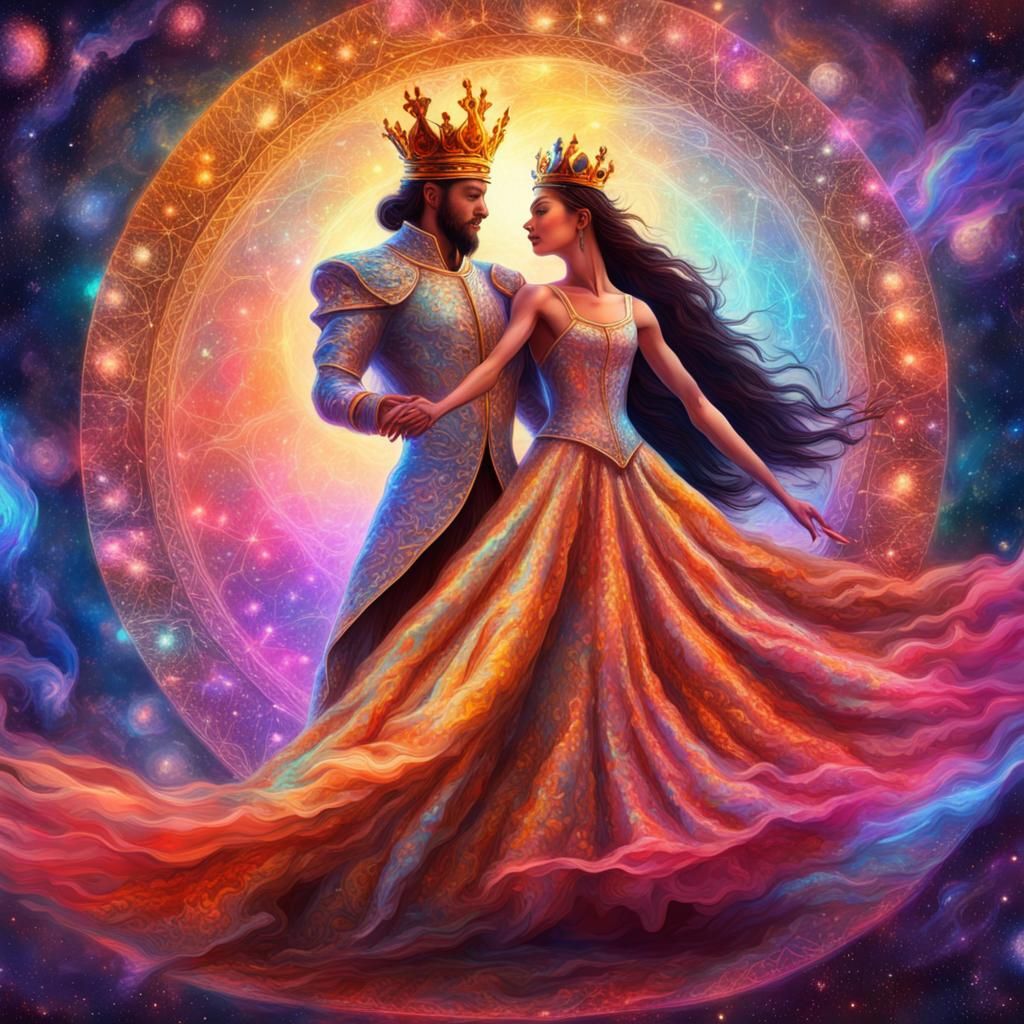 King and Queen's Cosmic Dance, Mixed Media Art