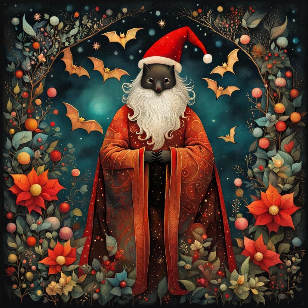 Bat Dressed as Santa Claus in Whimsical Folk Art
