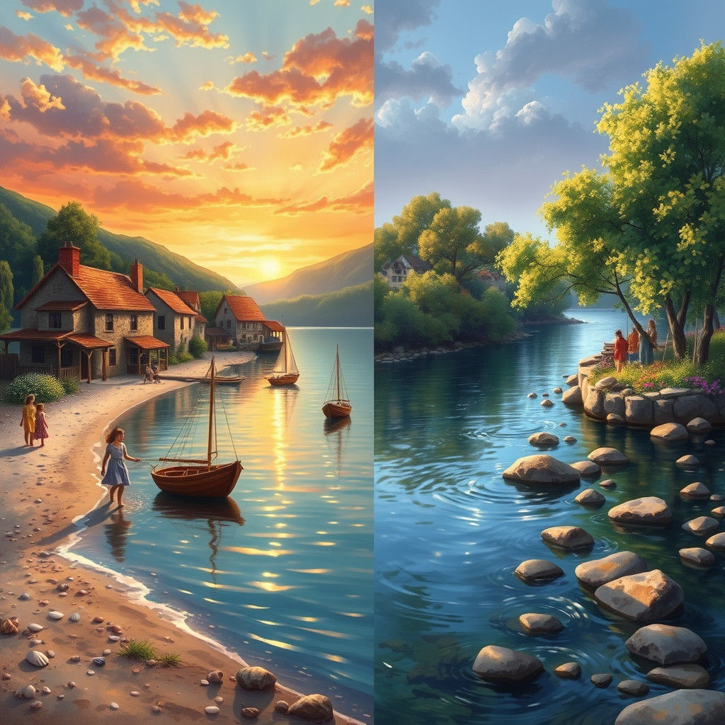 Sunset Village by the Sea: Impressionist Inspired