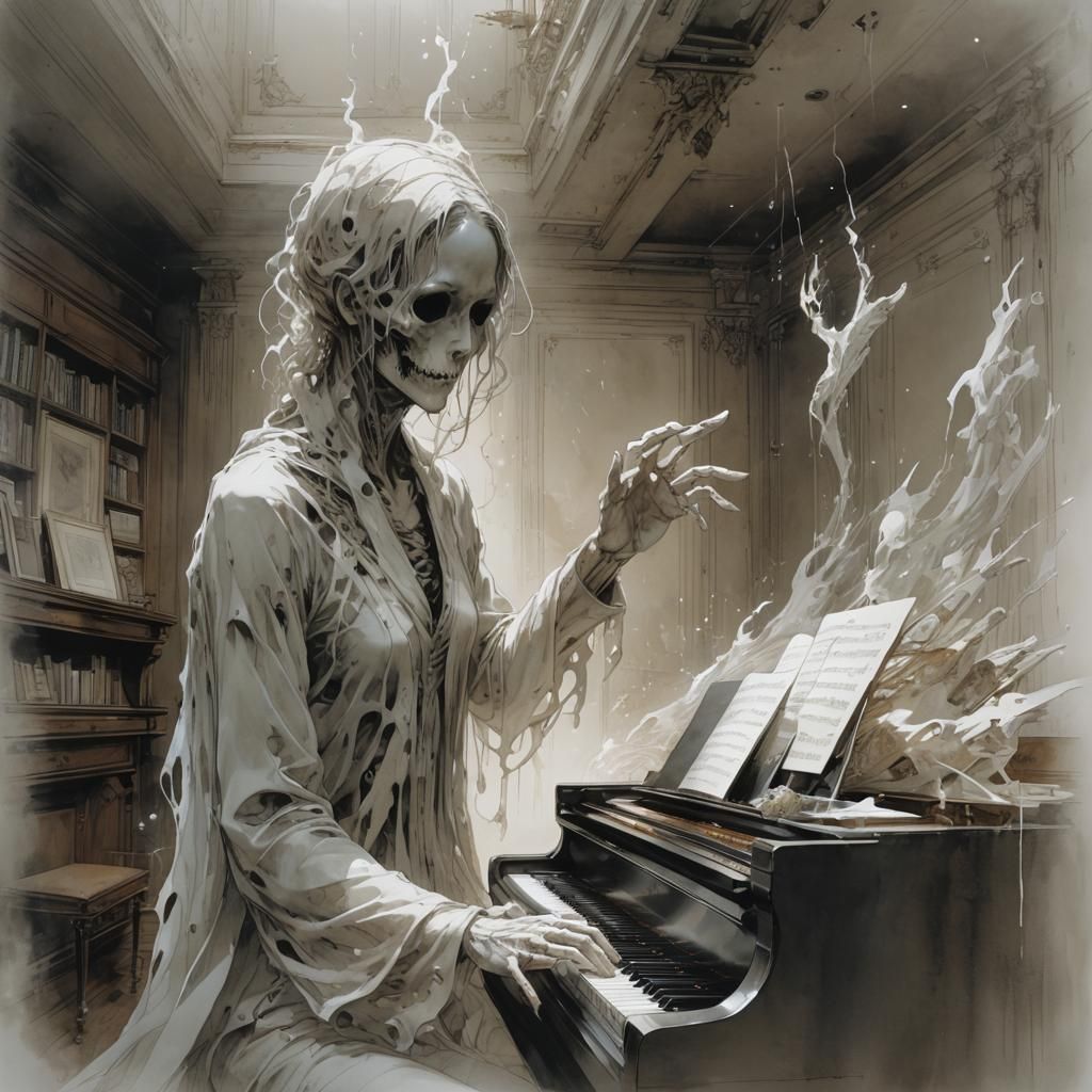 Ethereal Ghost Hands Play Piano: Spectral Illustration