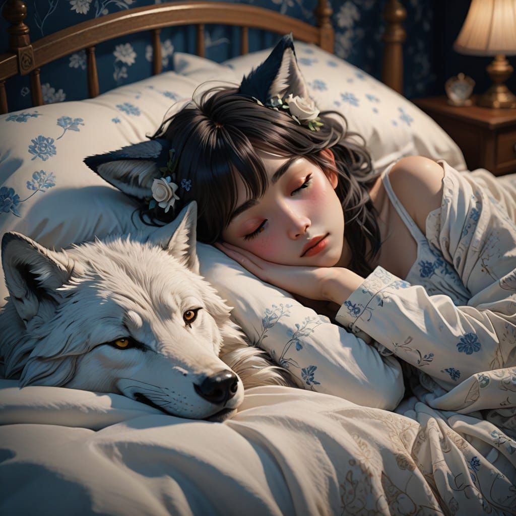 Anime Wolf Girl Sleeping in Cozy Bed