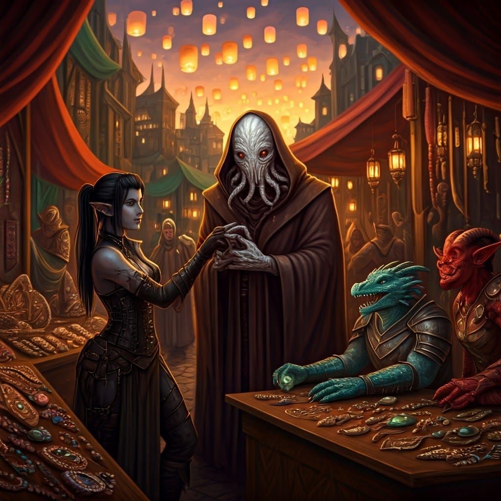Dark Elf Rogue Steals from Mindflayer in Marketplace