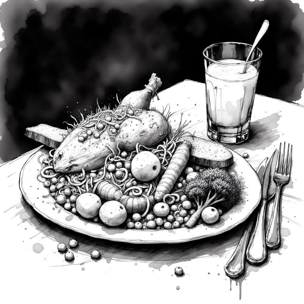 Detailed Pen and Ink Food Plate in Moebius Style
