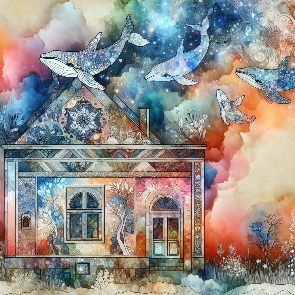 Whimsical House with Celestial Garden in Ink Painting Style