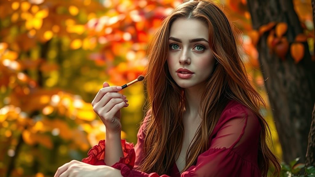 Autumnal Beauty: Woman in Forest Applying Makeup