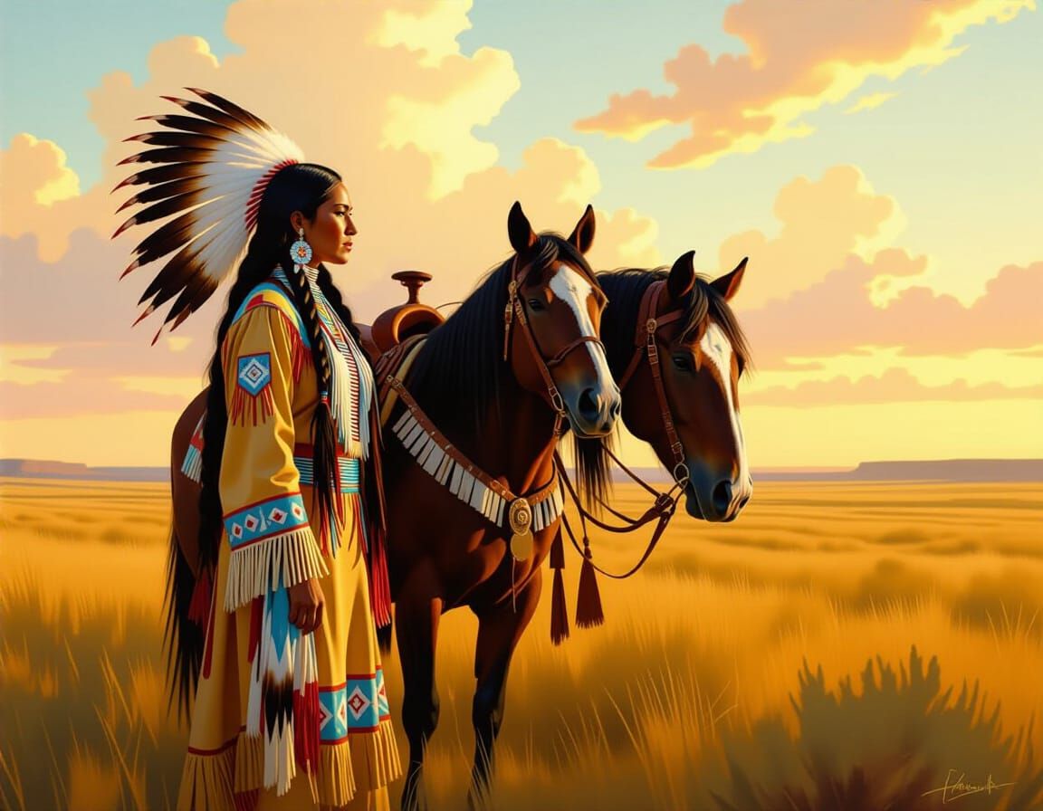 Native American Woman and War Pony on Prairie