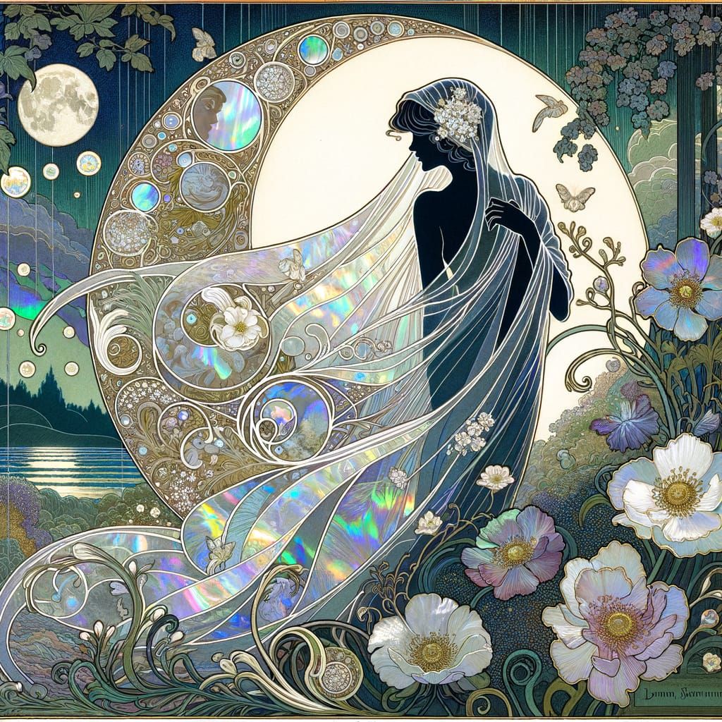 Enchanting Moonlight Scene with Woman in Flowing Veil