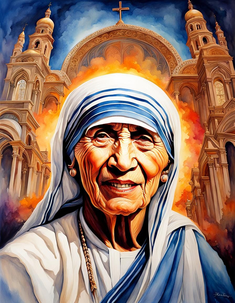 Mother Teresa Watercolor Portrait with Heavenly Glow
