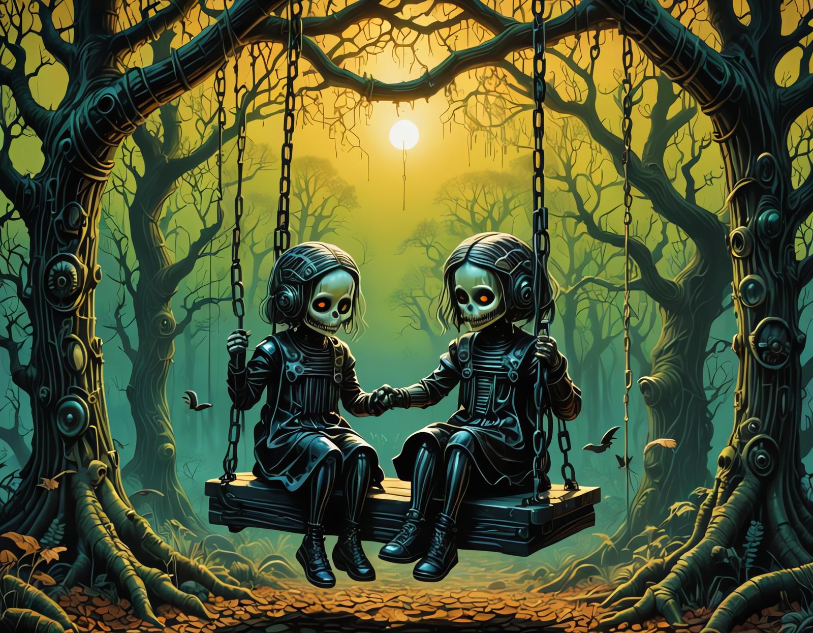 Girls on Swing Set: Psychedelic Expressionist Art