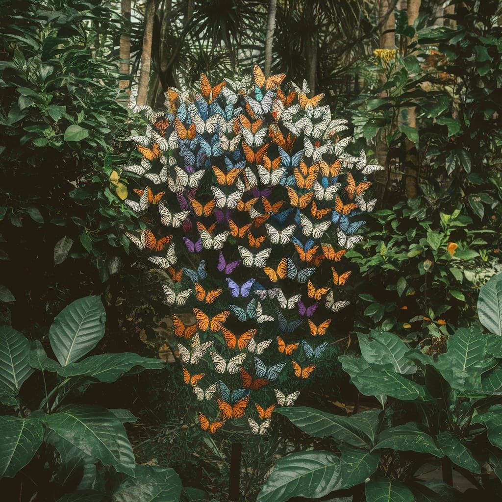 Whimsical Cloud of Butterflies Amidst Lush Forest Canopy