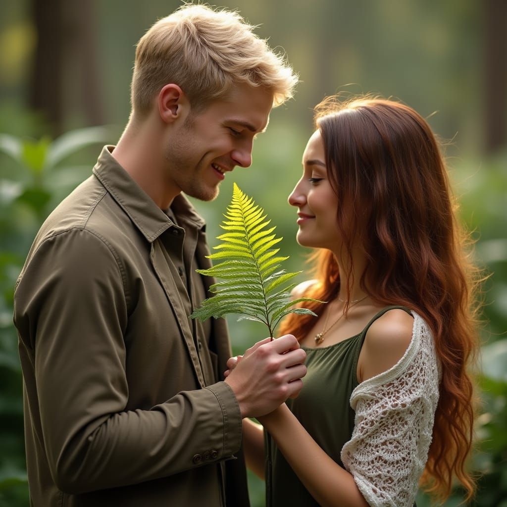 A Romantic Gesture: Blonde Man Gives Fern to a Chestnut Hair...