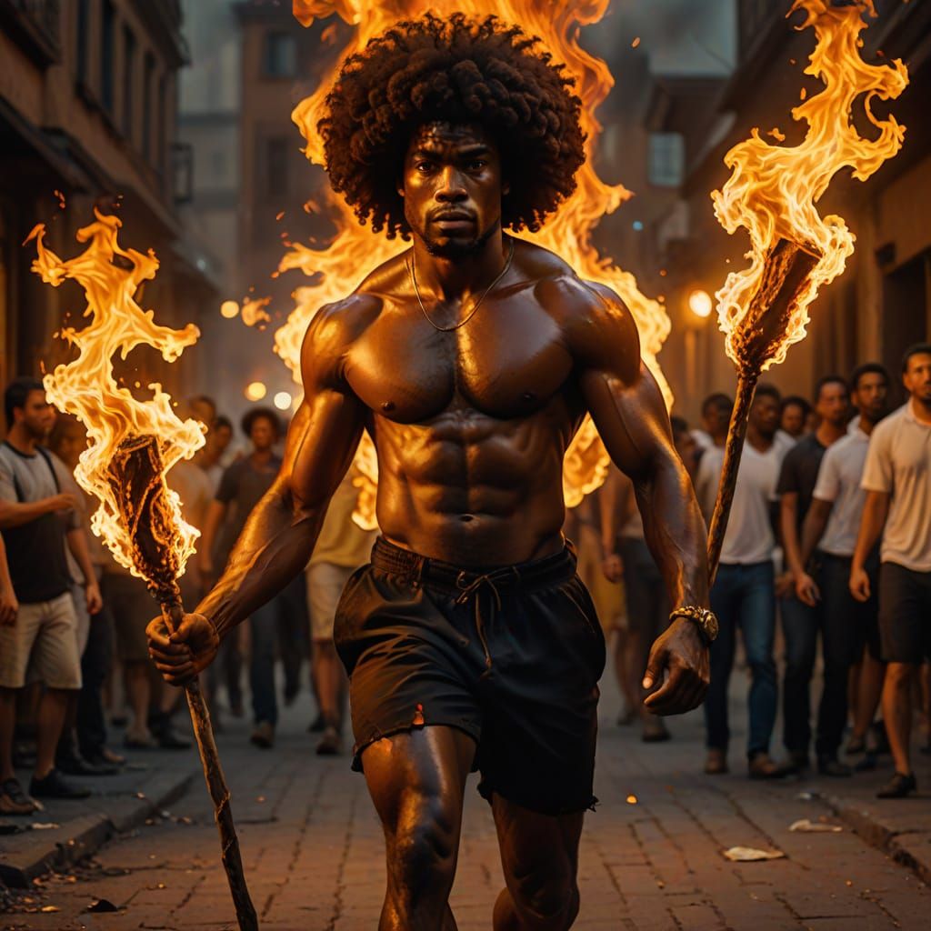 African Man Walks in Fire: Hyperrealistic Oil Painting