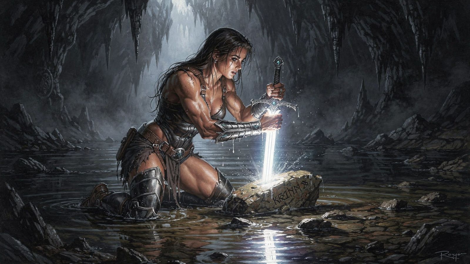 Woman Pulls Glowing Sword From Riverbed in Cave