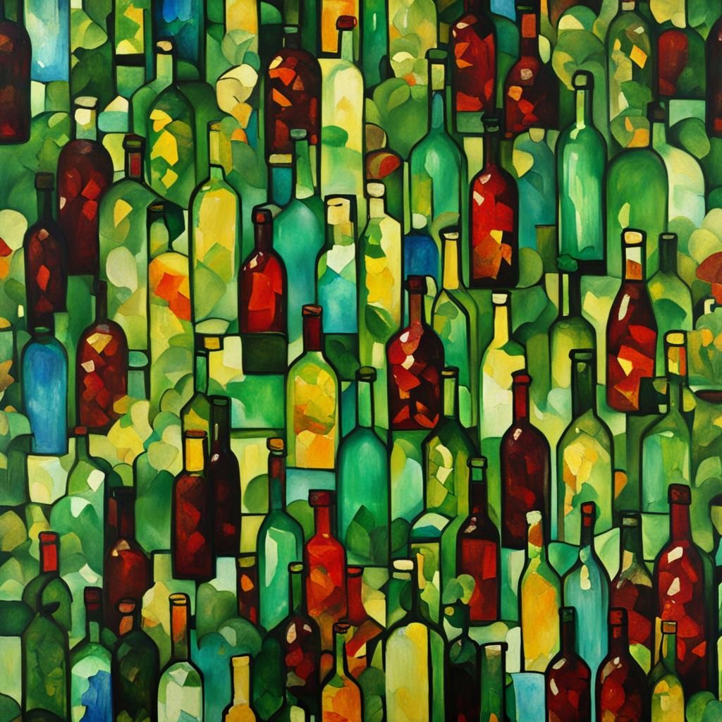 Leaf Wine Bottles in Klimt-Inspired Abstraction