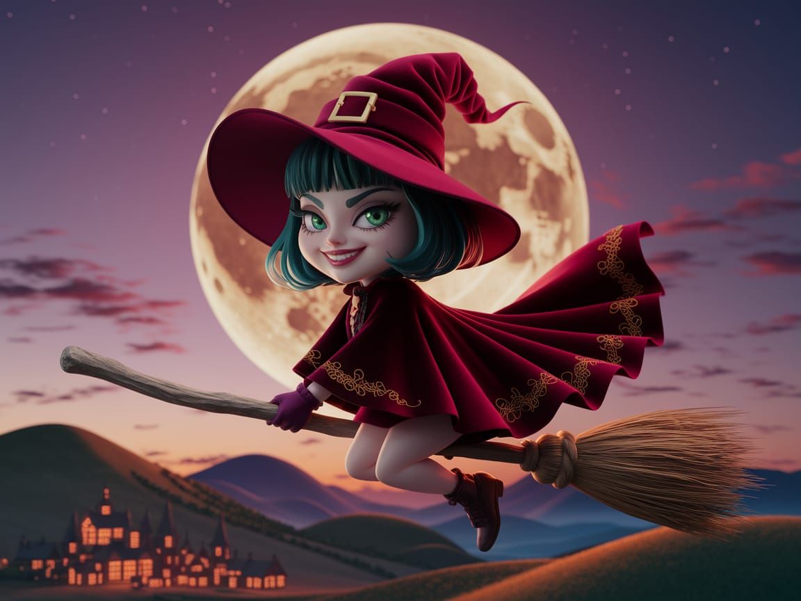 Chibi Witch Rides Broomstick Under Full Moon