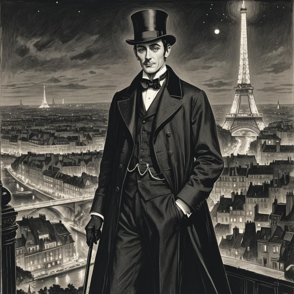 Arsene Lupin Overlooking Paris in Woodcut Style