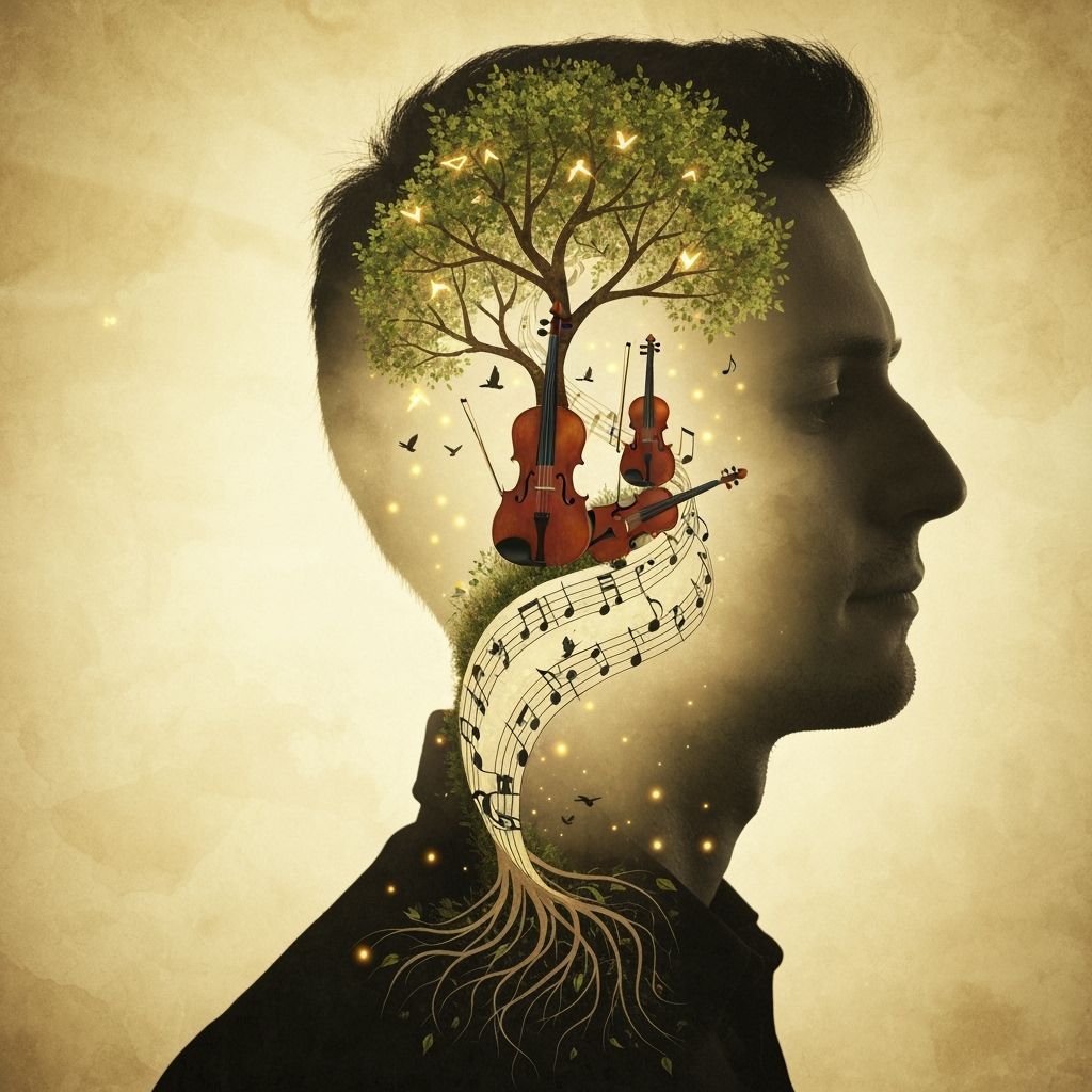 Surreal Double Exposure: Man and Enchanted Musical Forest