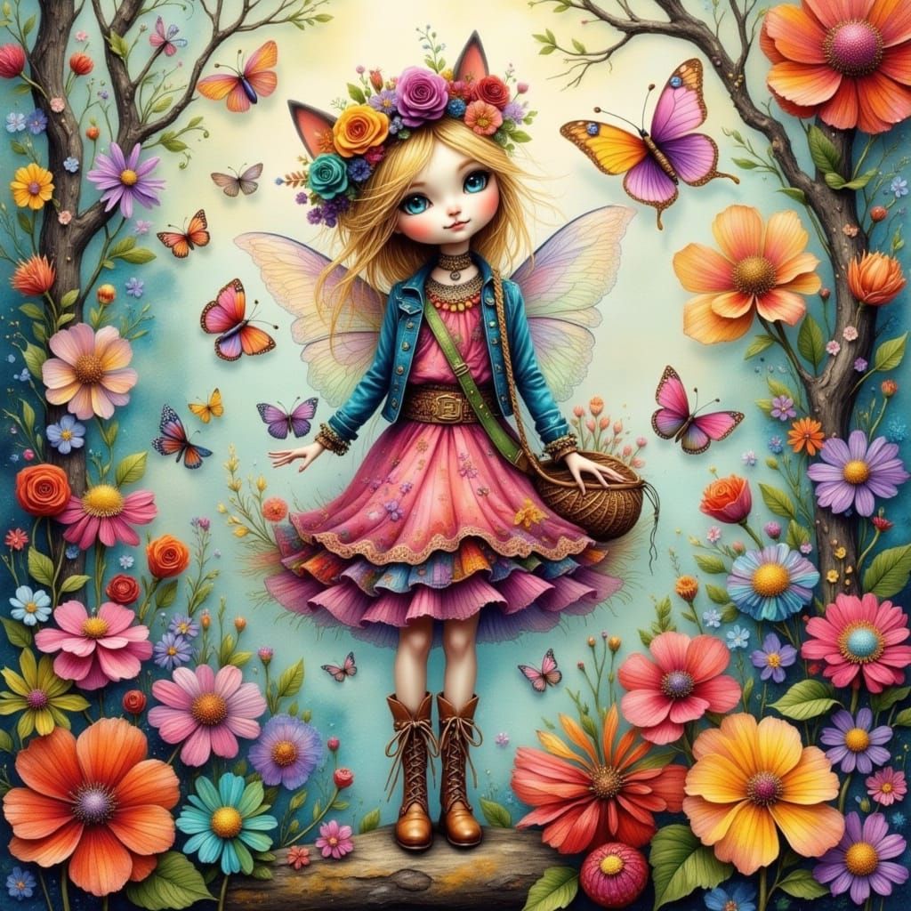 Whimsical Fantasy Fairy Girl in Bohemian Wonderland