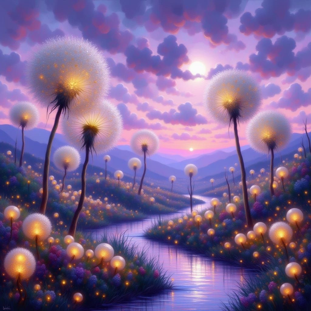 Surreal Alien Landscape with Bioluminescent Dandelions