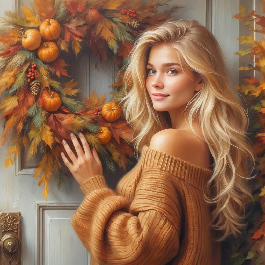 Impressionist Woman Hanging Autumn Wreath