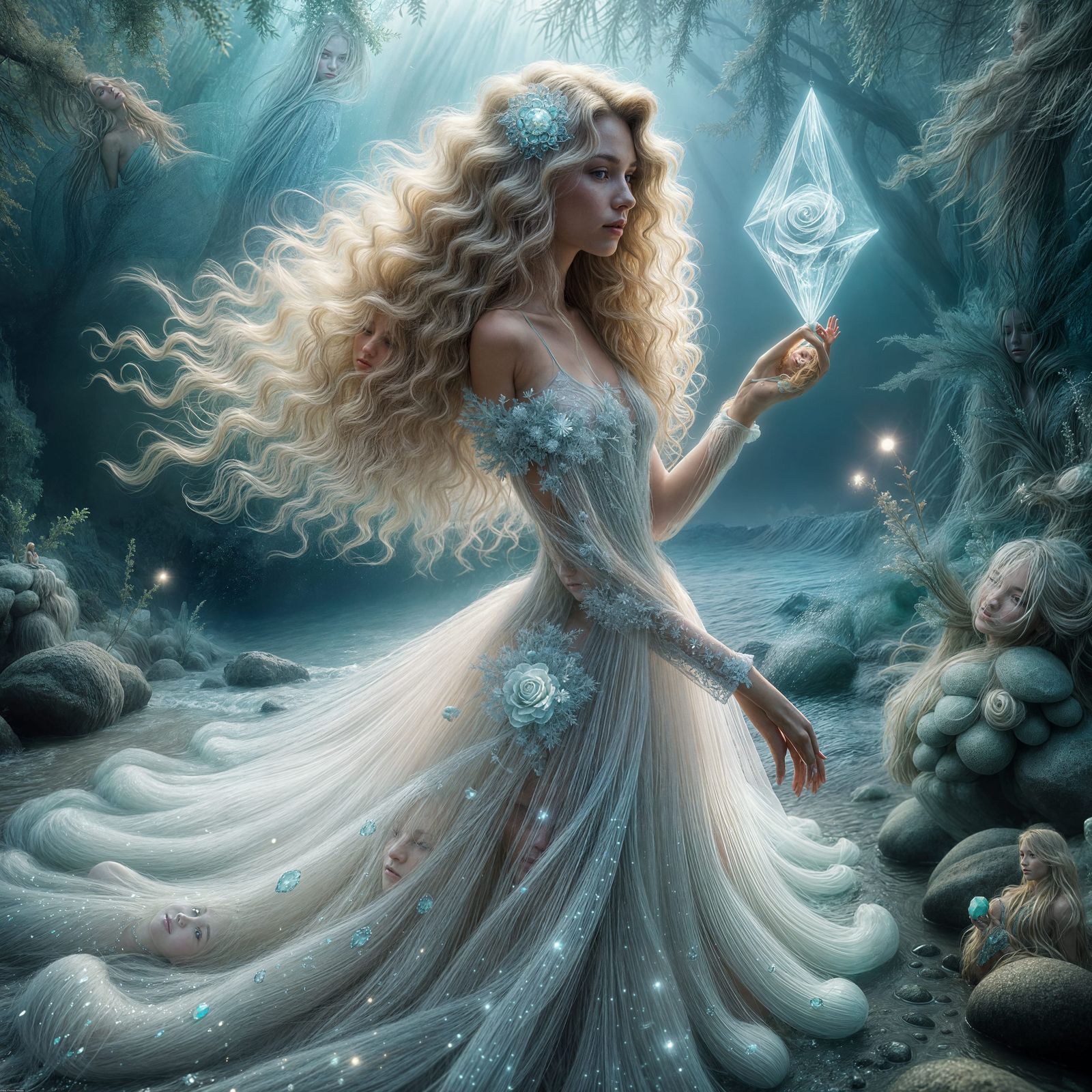 Enchanted Woman with Crystal in Misty Ocean
