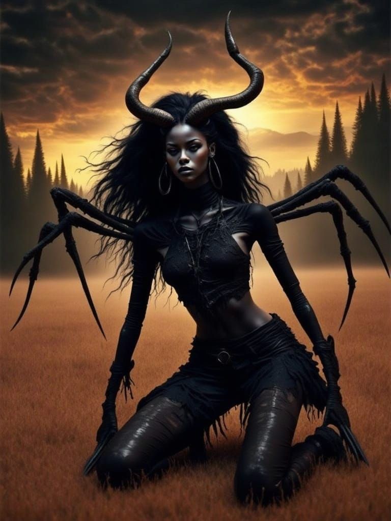 Dark Fantasy Hybrid Goddess Emerges from Forest Shadows