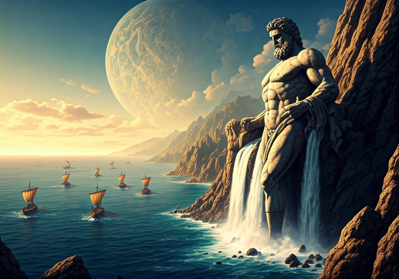 Hercules Statue Creates Waterfall, Epic Surrealism