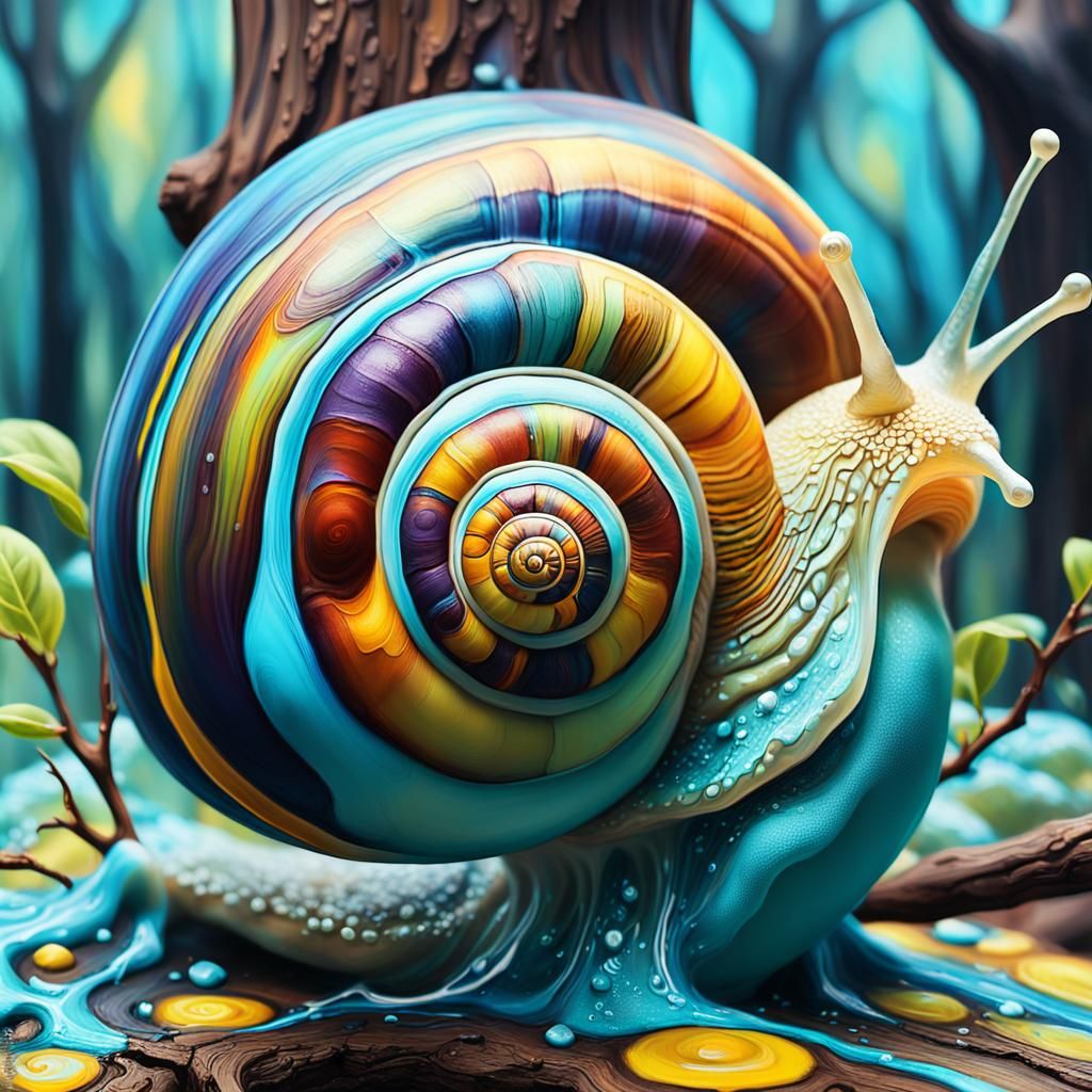 Surrealist Snail on Melting Branch, Impasto Oil Painting