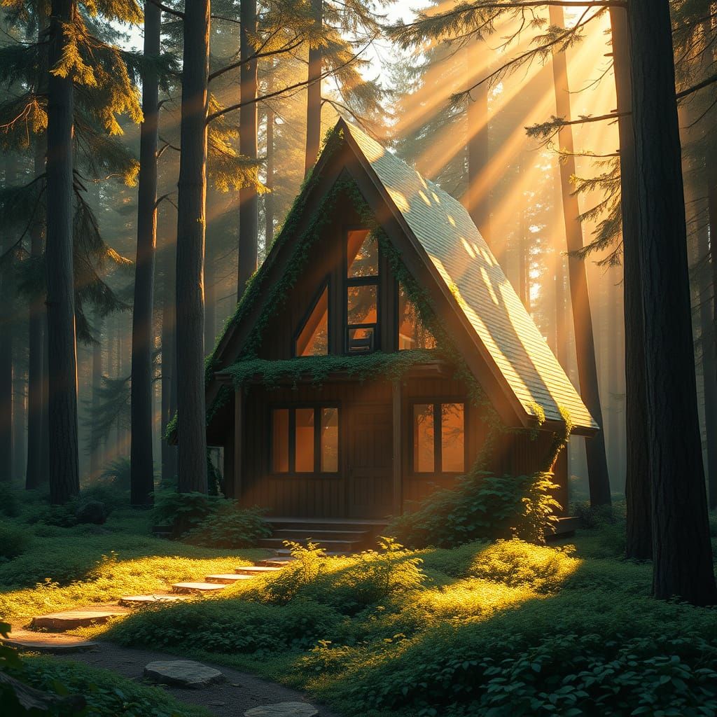 Enchanted Morning A-Frame Cabin in Whimsical Forest