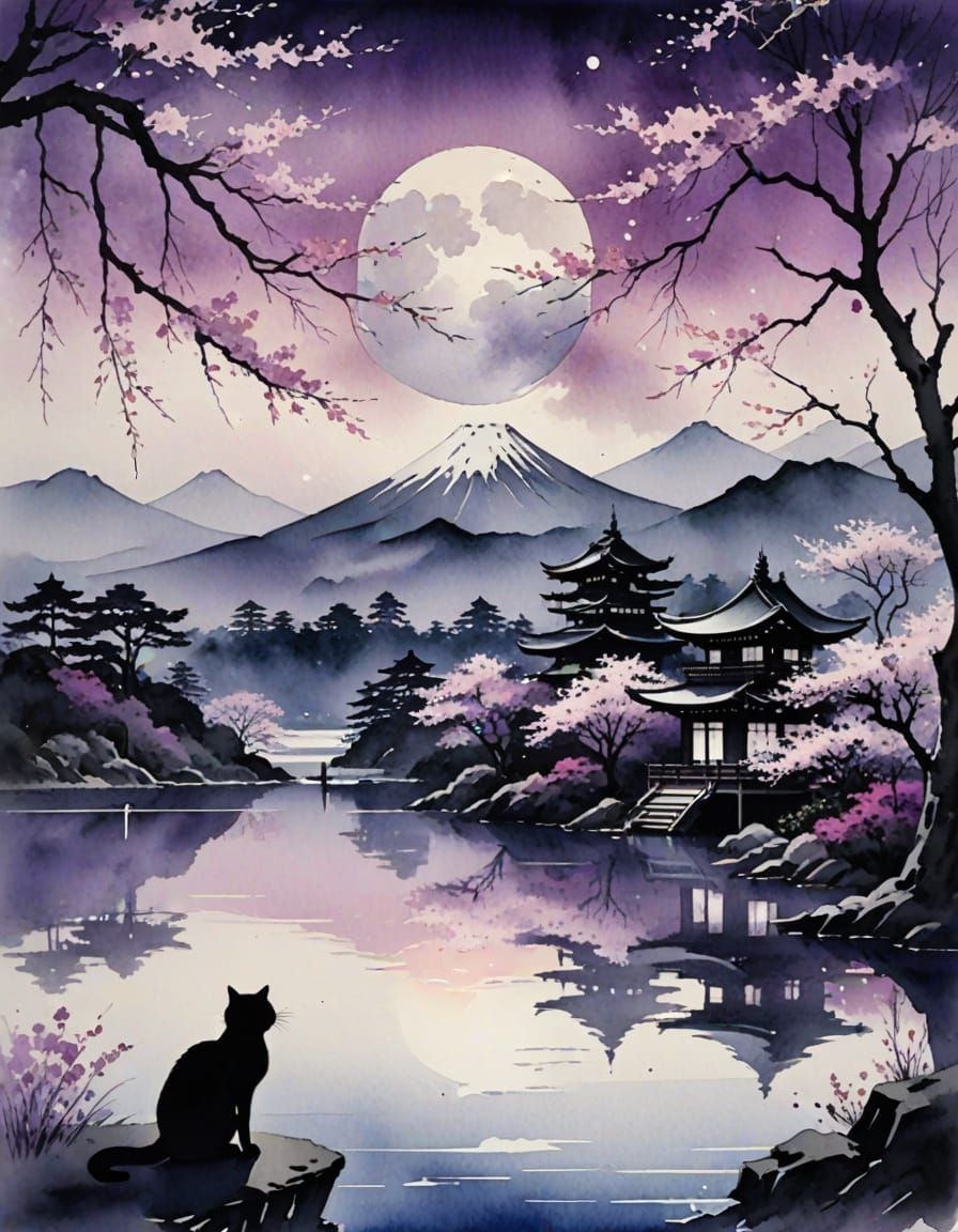 Japanese Watercolor: Cat Silhouette and Purple Moon